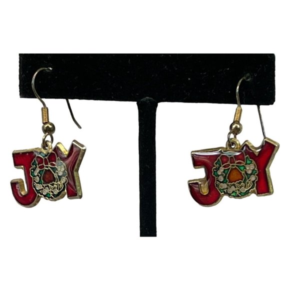 Vintage Joy Christmas Wreath Earrings Red Enamel Holiday Jewelry - Picture 2 of 5